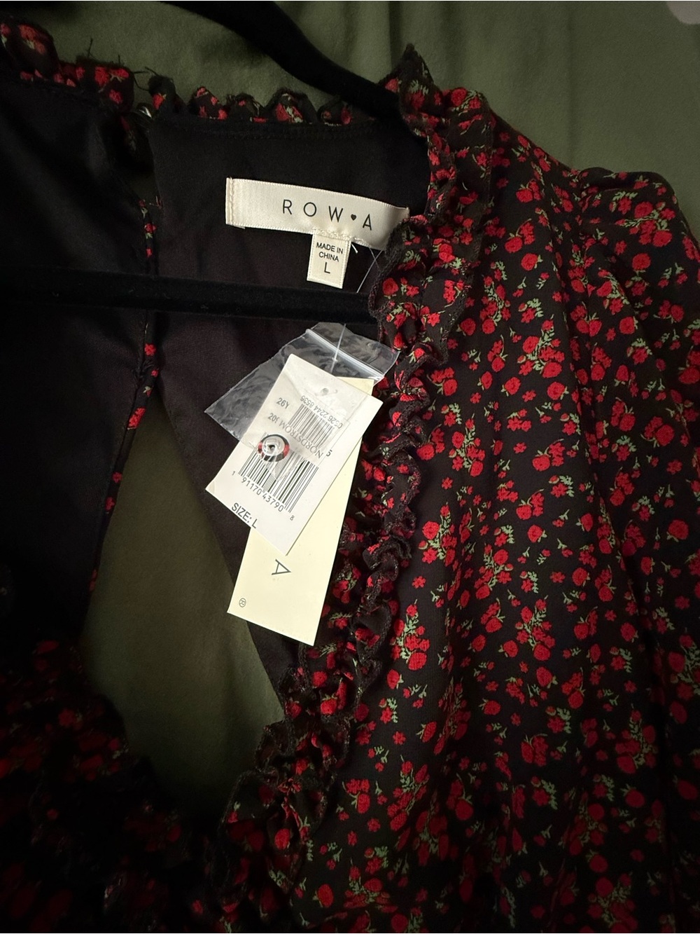 Row A Black Mini Dress with Red Floral Print sz L